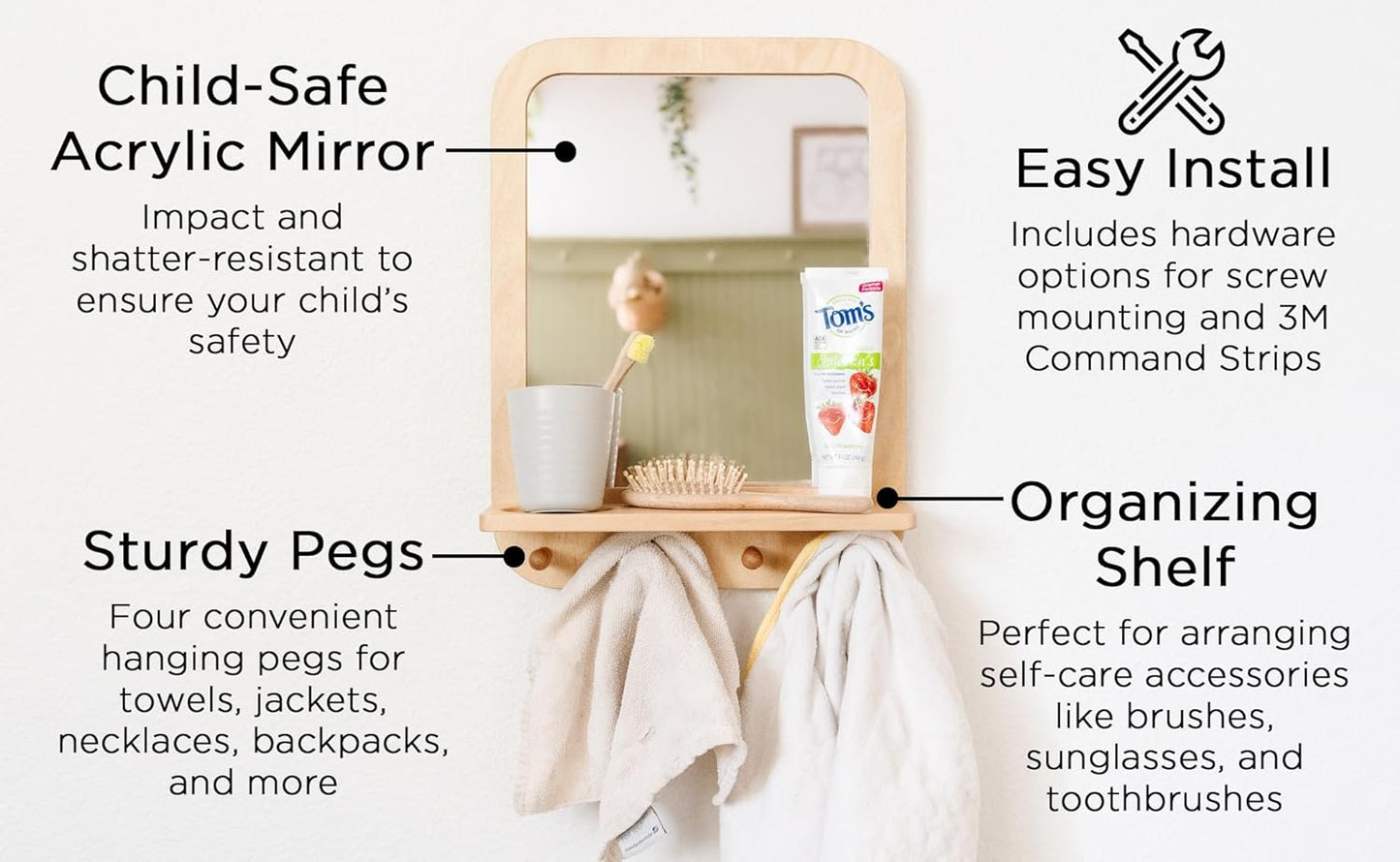 Montessori Wooden and Acrylic Wall Mirror with Hooks for Toddlers