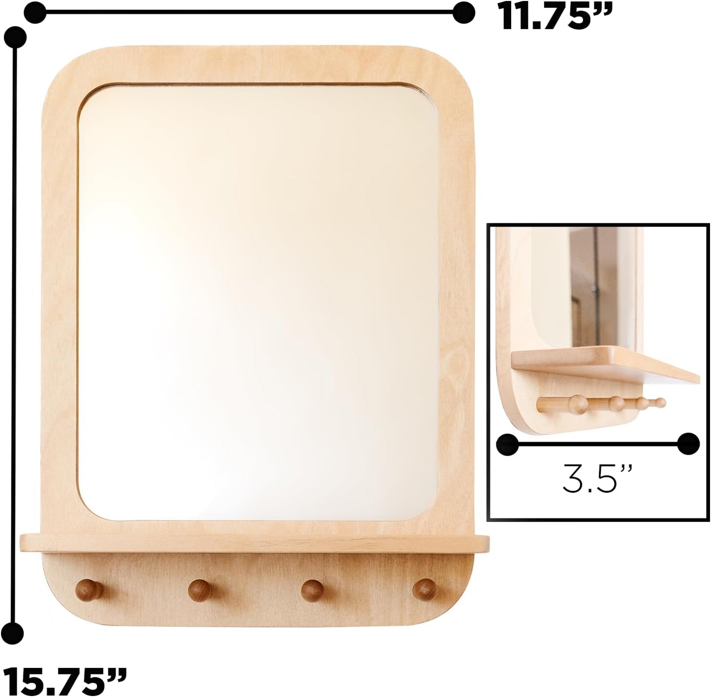 Montessori Wooden and Acrylic Wall Mirror with Hooks for Toddlers