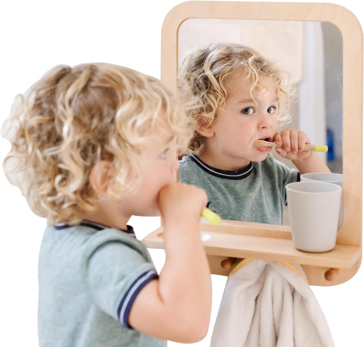 Montessori Wooden and Acrylic Wall Mirror with Hooks for Toddlers ...