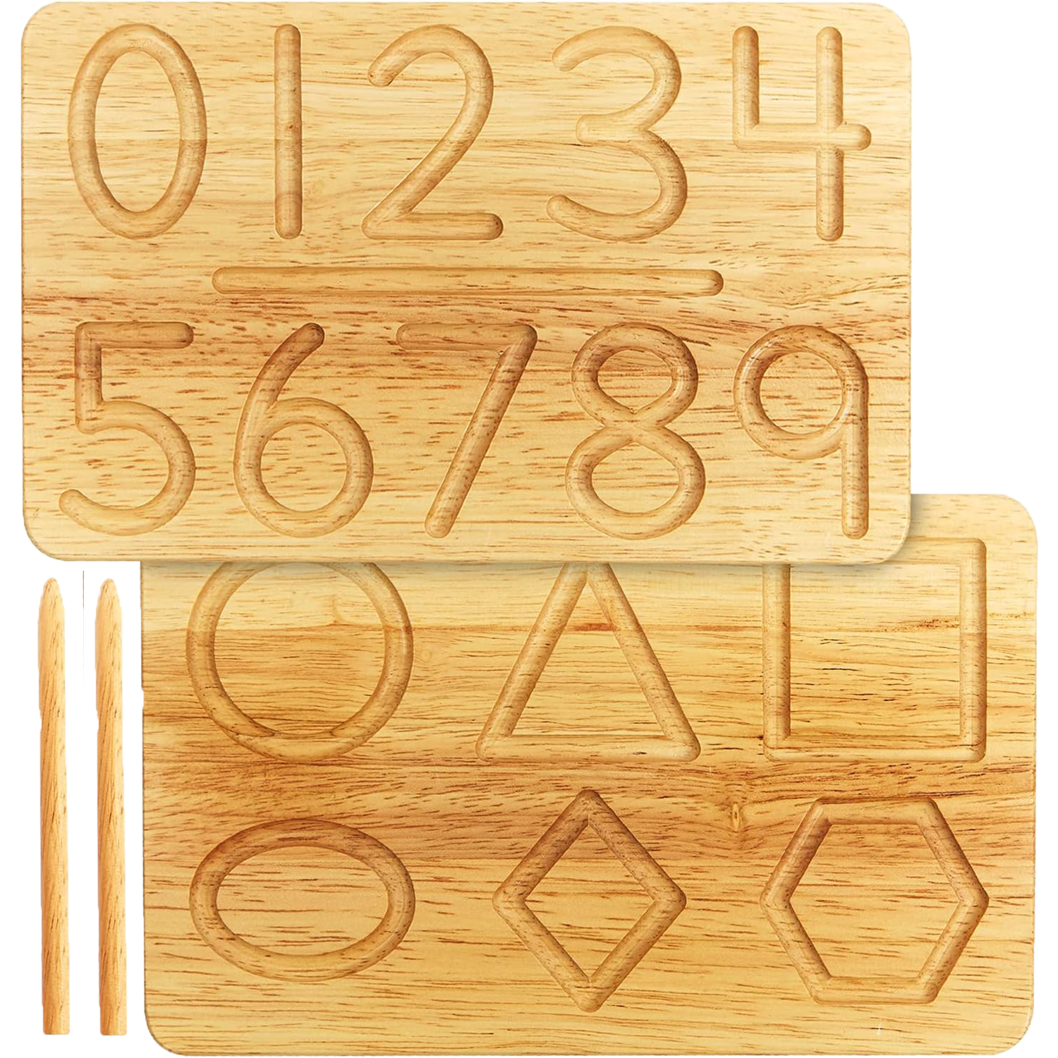 Heirloom Quality Double Sided Wooden Numbers and Shapes Tracing Board.  Montessori inspired wood numerals, geometry and math tracing board