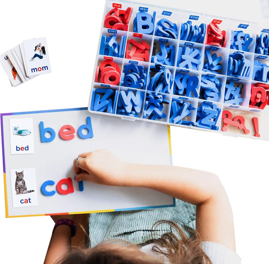 Child spelling CVC words with Montessori Magnetic Foam Letters