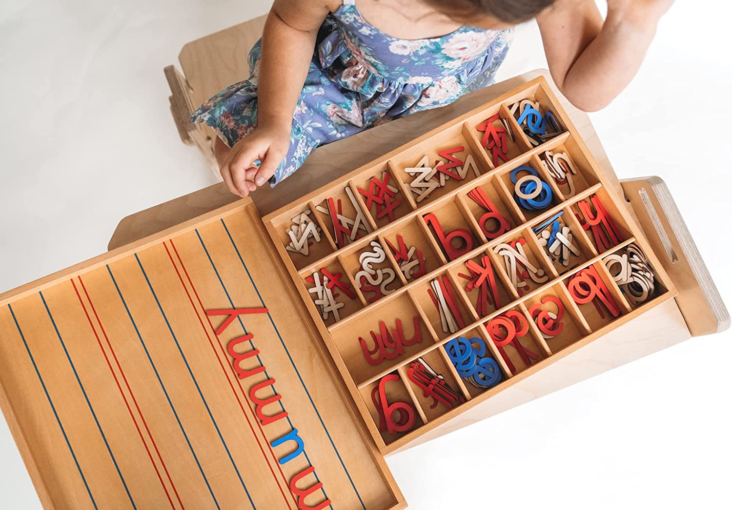  Montessori Letters Movable Wood Alphabet with Box and Large Mat  Small Wooden Alphabet Letters Montessori Trays Preschool Spelling Learning  Language Materials Objects, Red, Blue : Toys & Games